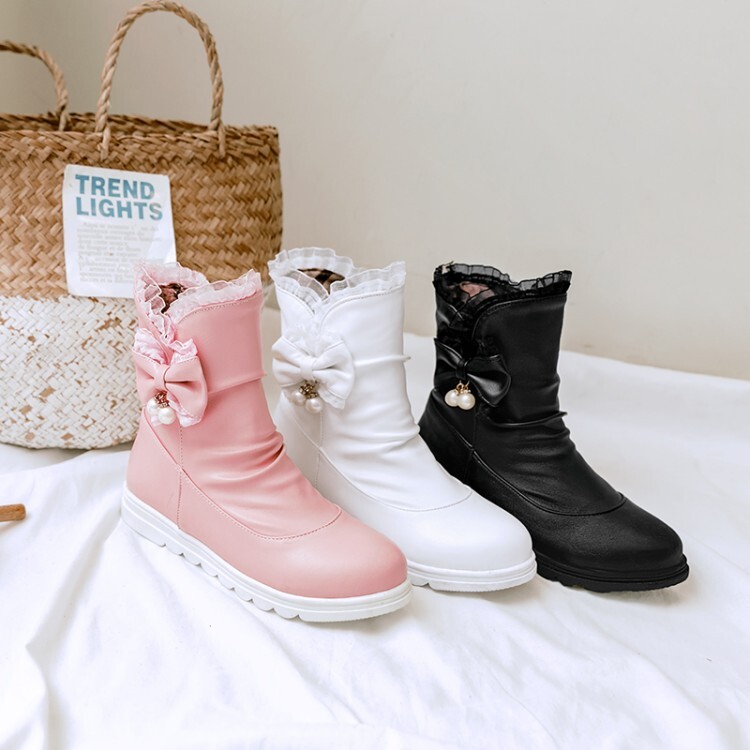 Women's Mid-Calf Fashion Boots Low Flat Heel Round Toe PU - Style c.html