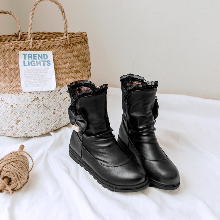 Women's Mid-Calf Fashion Boots Low Flat Heel Round Toe PU - Style c.html