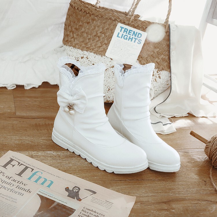 Women's Mid-Calf Fashion Boots Low Flat Heel Round Toe PU - Style c.html