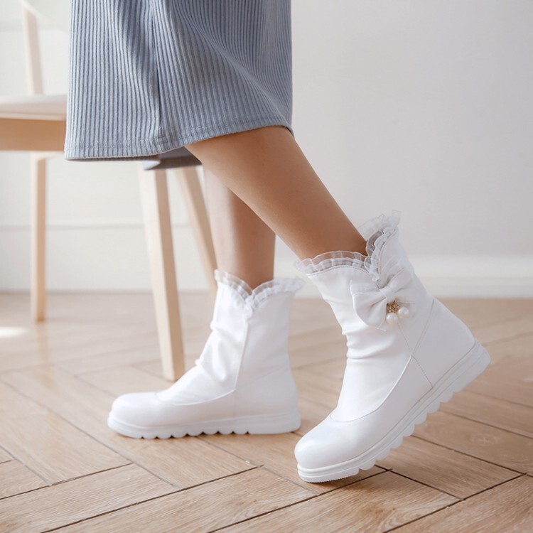 Women's Mid-Calf Fashion Boots Low Flat Heel Round Toe PU - Style c.html