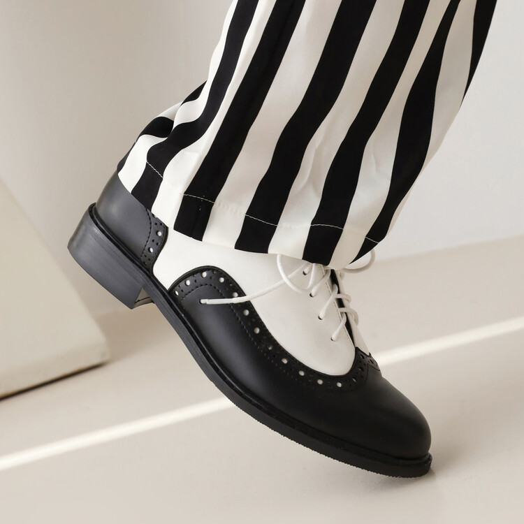 20230315605160071_750.jpg Women's Fashion Flat Shoes Low Heel Lace-Up Round Toe Color Block