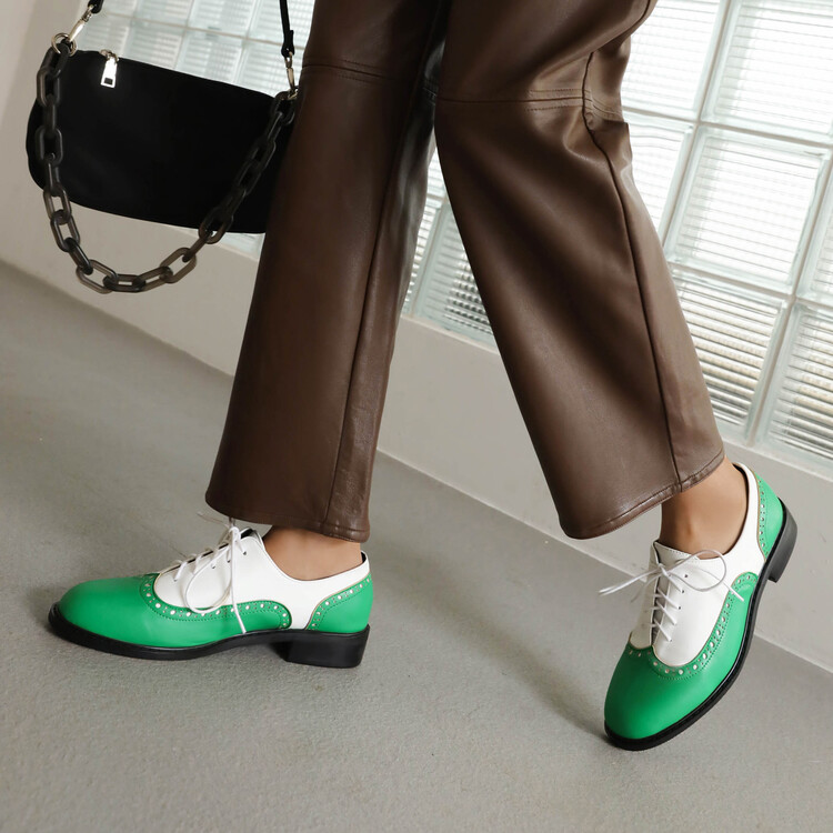 Women's Fashion Flat Shoes Low Heel Lace-Up Round Toe Color Block