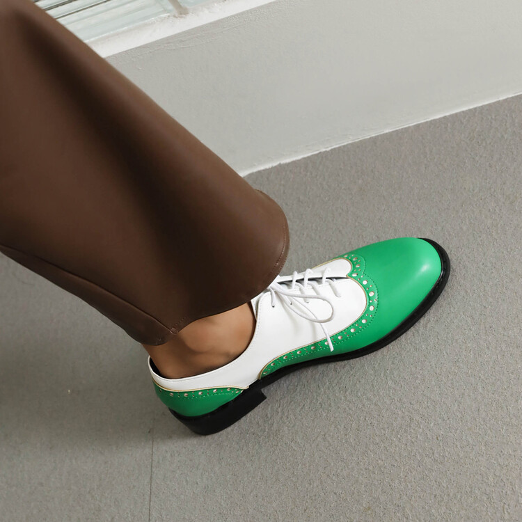 Women's Fashion Flat Shoes Low Heel Lace-Up Round Toe Color Block