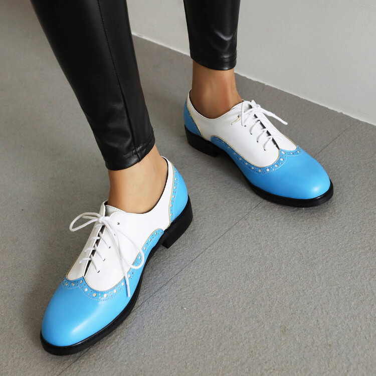 Women's Fashion Flat Shoes Low Heel Lace-Up Round Toe Color Block