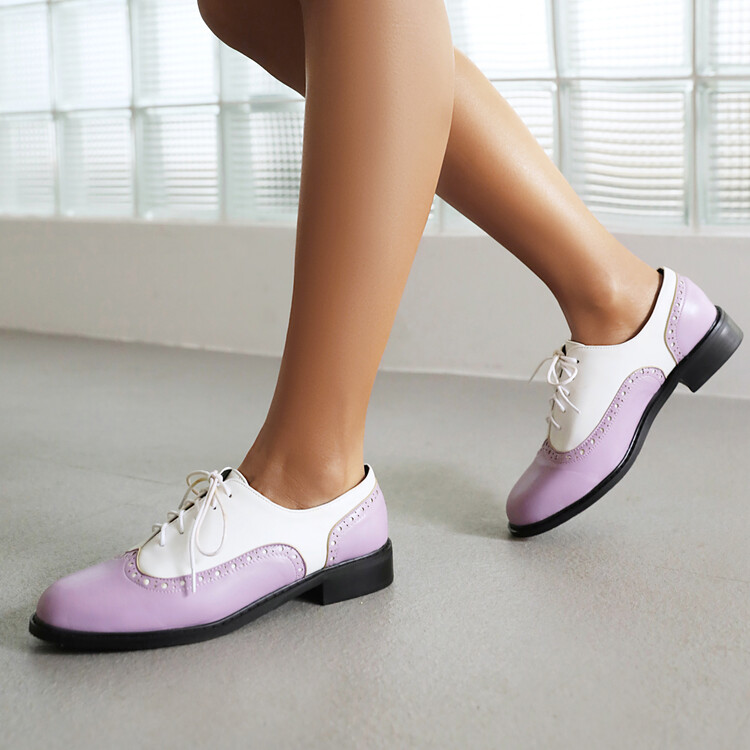 Women's Fashion Flat Shoes Low Heel Lace-Up Round Toe Color Block
