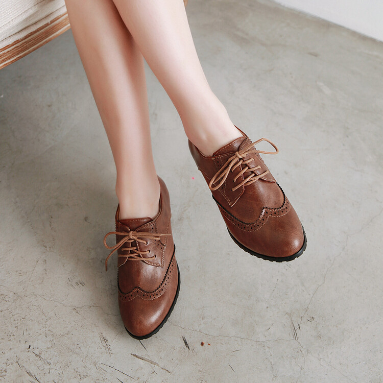 Women's Fashion Flat Shoes PU Upper Rubber Sole Lace-Up Round Toe