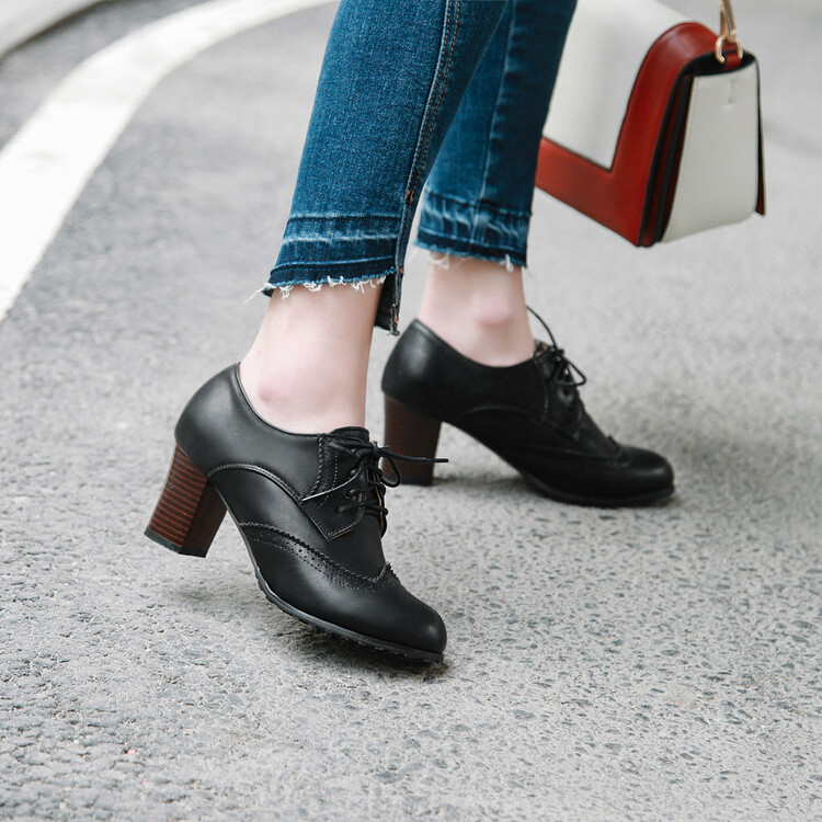 Women's Fashion Flat Shoes PU Upper Rubber Sole Lace-Up Round Toe