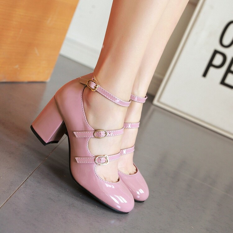 Patent Leather Mary Jane High Heel Shoes with Metal Decoration