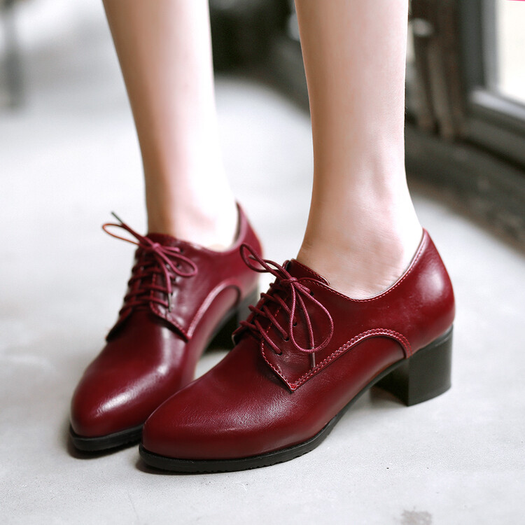 Women's Brogue Lace-Up Chunky Mid Heel Pointed Toe Shoes