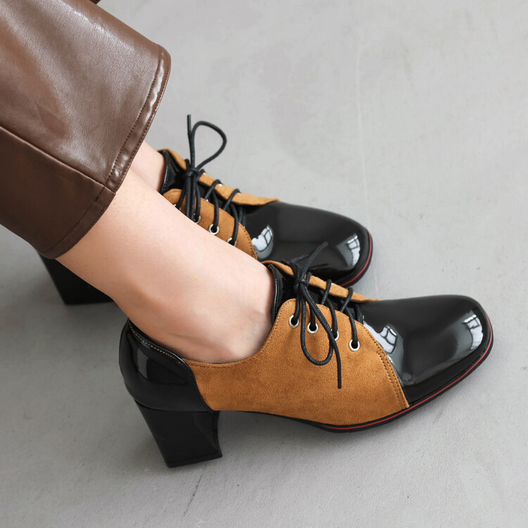 Women's High Heel Chunky Block Square Toe Lace-Up Color Block Pumps