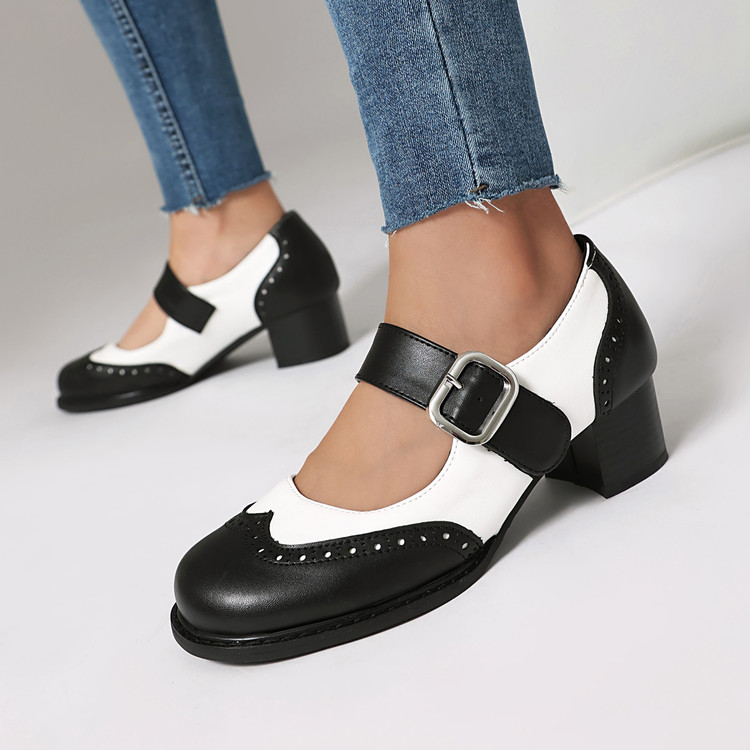 Women's Retro Mary Jane Flat Shoes with Buckle and Color Block