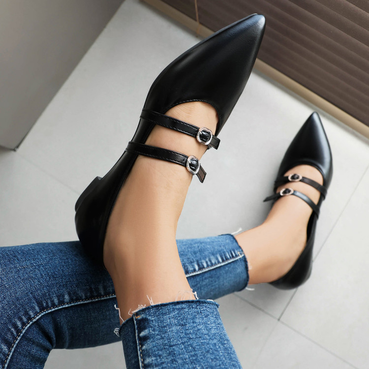 Korean Style Pointed Toe Flat Shoes with Ankle Strap